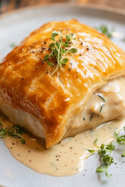 Indulge in Chicken Wellington with Dijon Cream Sauce