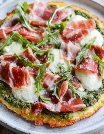 Pesto Prosciutto Cauliflower Crust Pizza