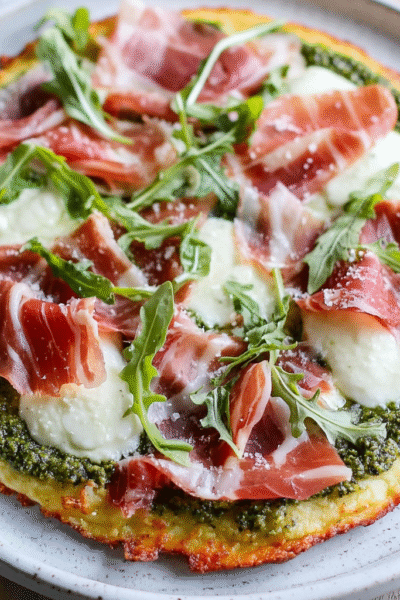 Pesto Prosciutto Cauliflower Crust Pizza