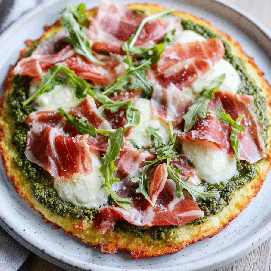 Pesto Prosciutto Cauliflower Crust Pizza