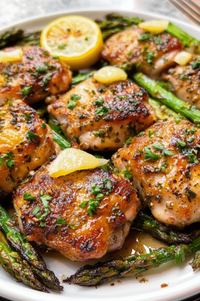 Sheet Pan Lemon Garlic Chicken Thighs & Crispy Asparagus