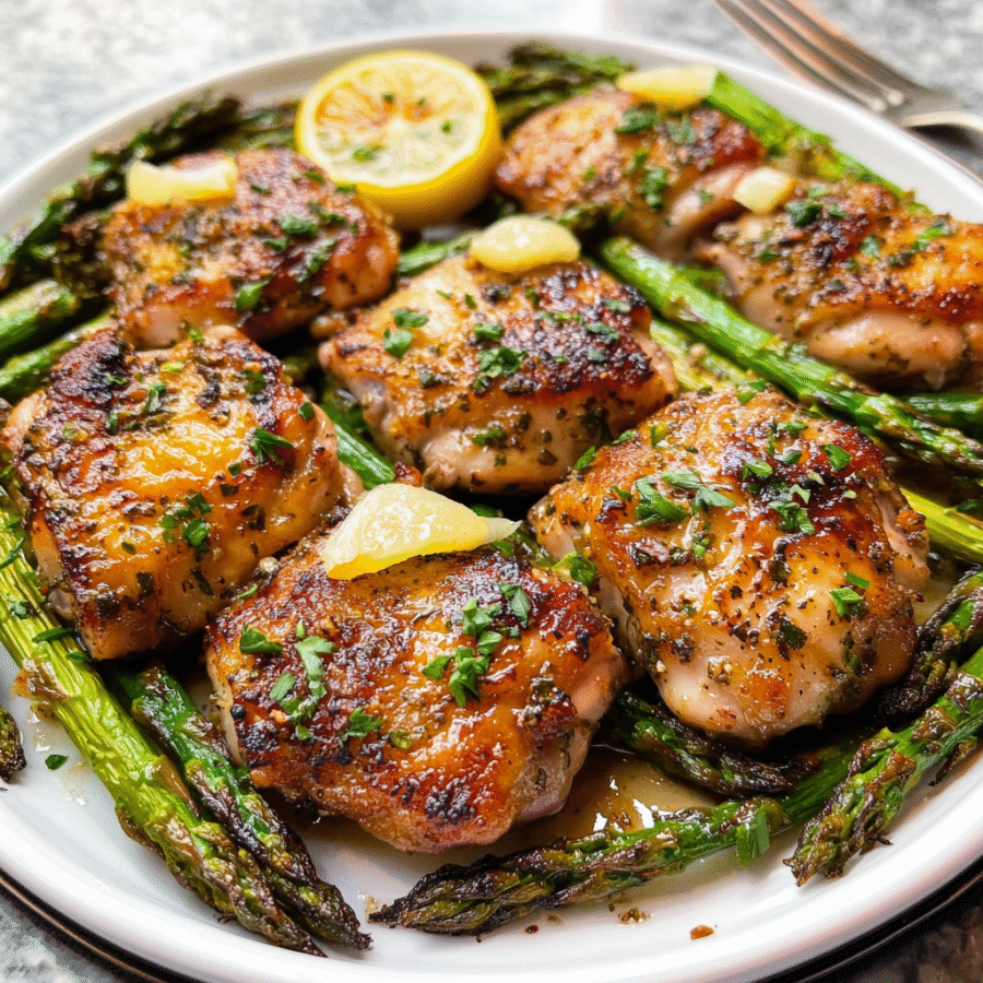 Sheet Pan Lemon Garlic Chicken Thighs & Crispy Asparagus