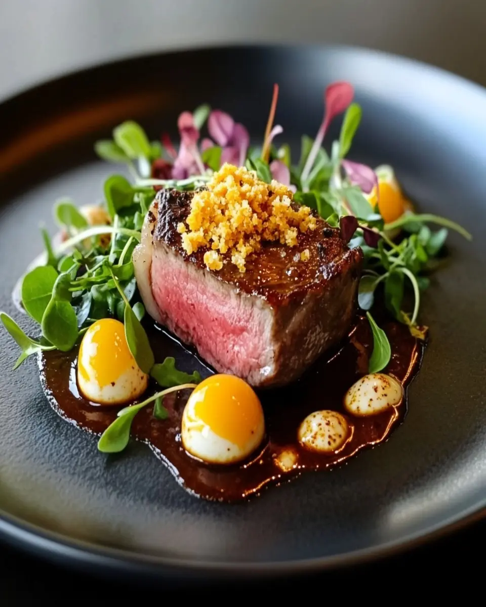 Salted Duck Egg Yolk Crumble over Steak First Image First Image